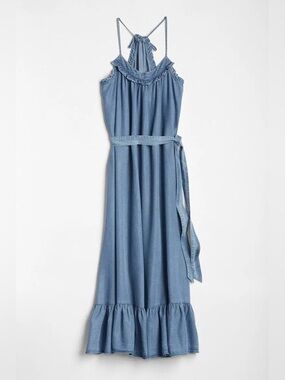 GAP Light Blue Chambray Maxi Dress with Ruffle Neck